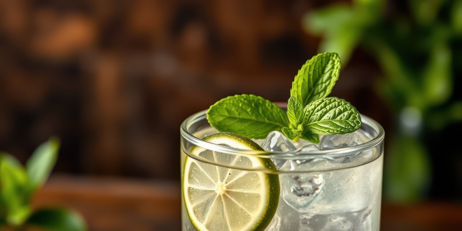 Refreshing cocktail with mint leaves and lime slice served in a clear glass in a rustic setting